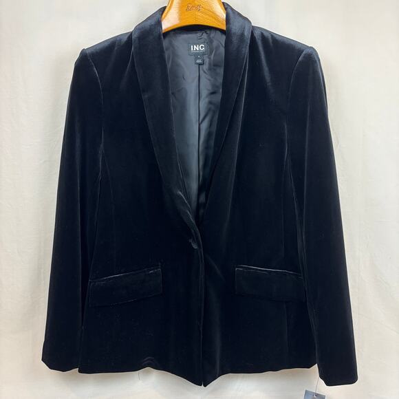INC Black Velvet Shawl Collar Flap Pockets One Button Blazer NWT Women's Small - Picture 1 of 12